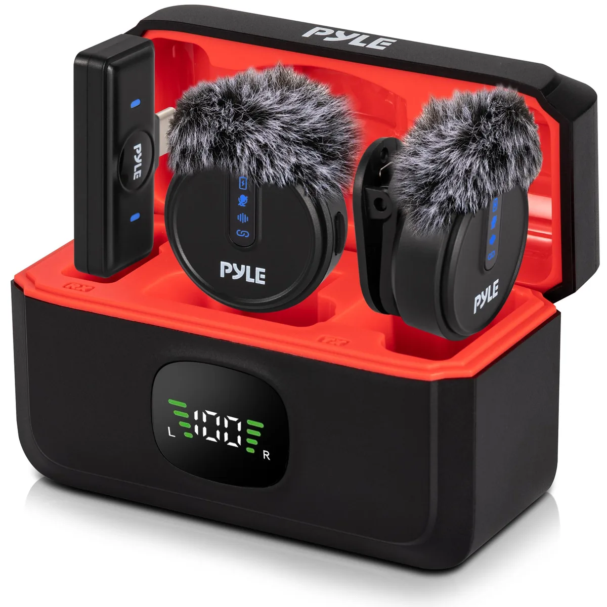 Small black clip-on microphone with USB-C receiver and charging case