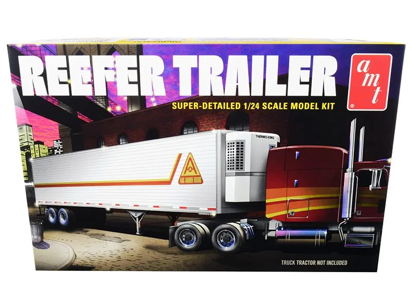 Unassembled 1/24 scale plastic reefer trailer kit in box with black vinyl tires and decals