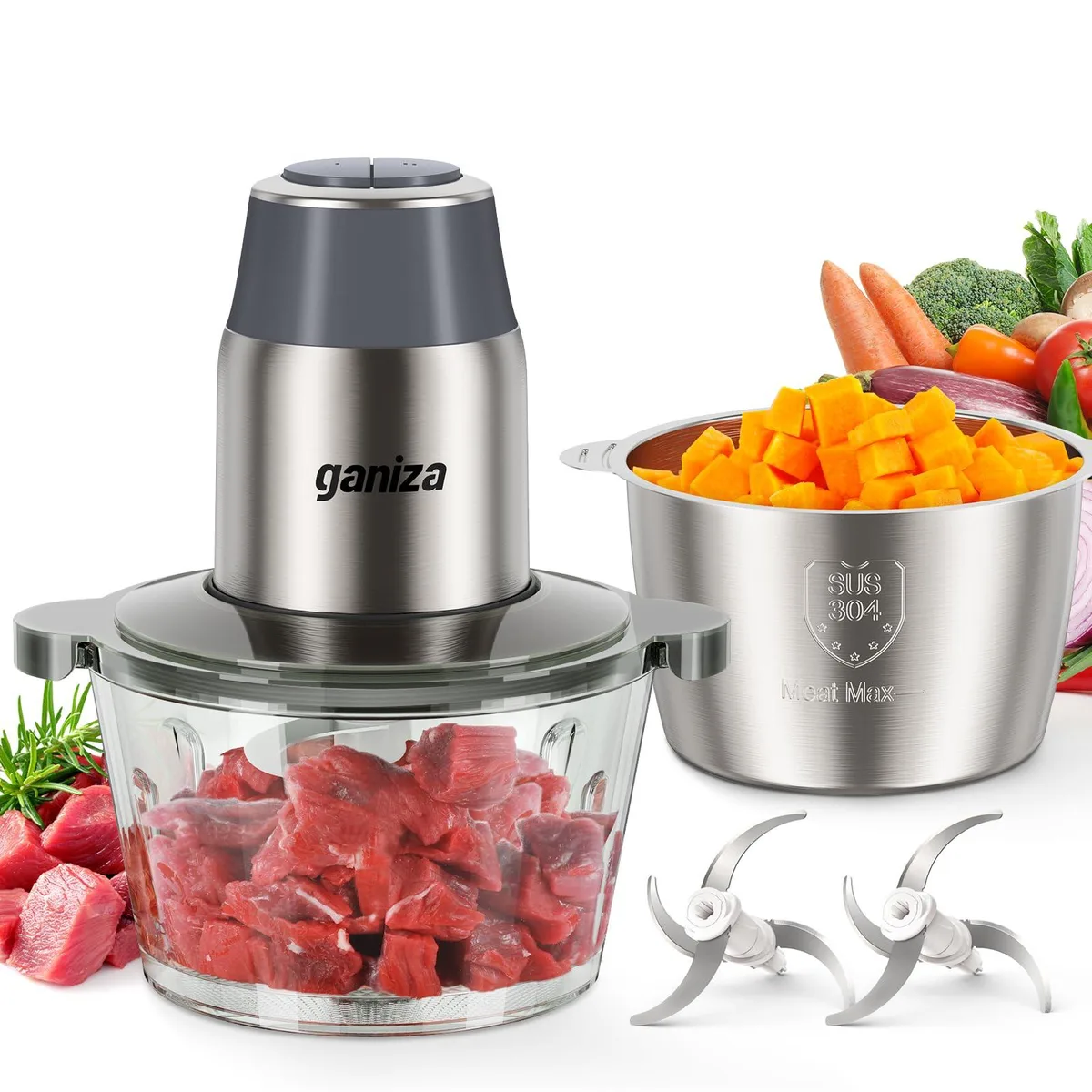 Grey Ganiza GC10 food processor with two bowls, motor base and blades