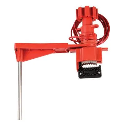 Red steel ball valve lockout with blocking arm and sheathed cable