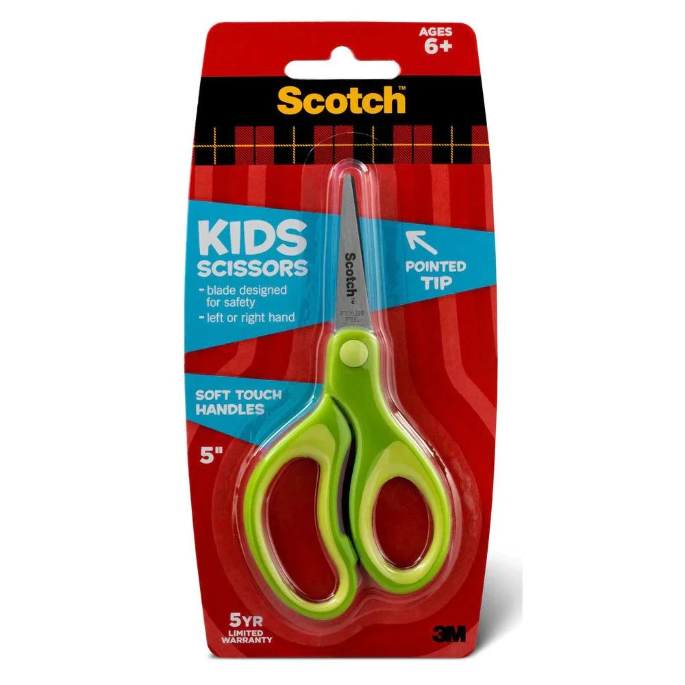 Green kids scissors with pointed tips and soft grip handles