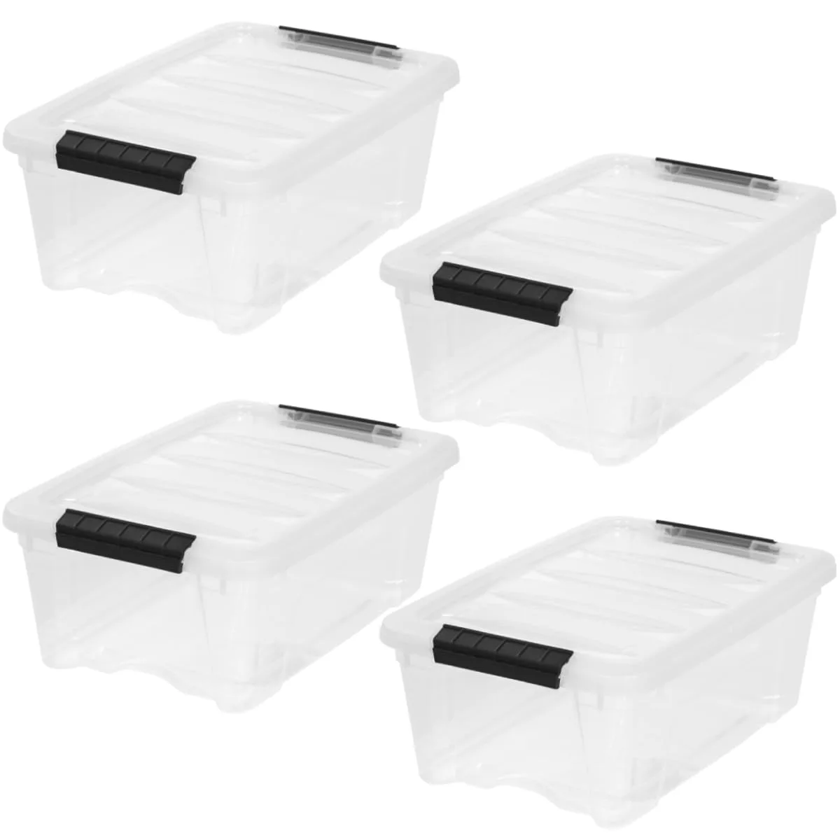 Four clear rectangular plastic bins with black latching lids and pull handles, stacked together