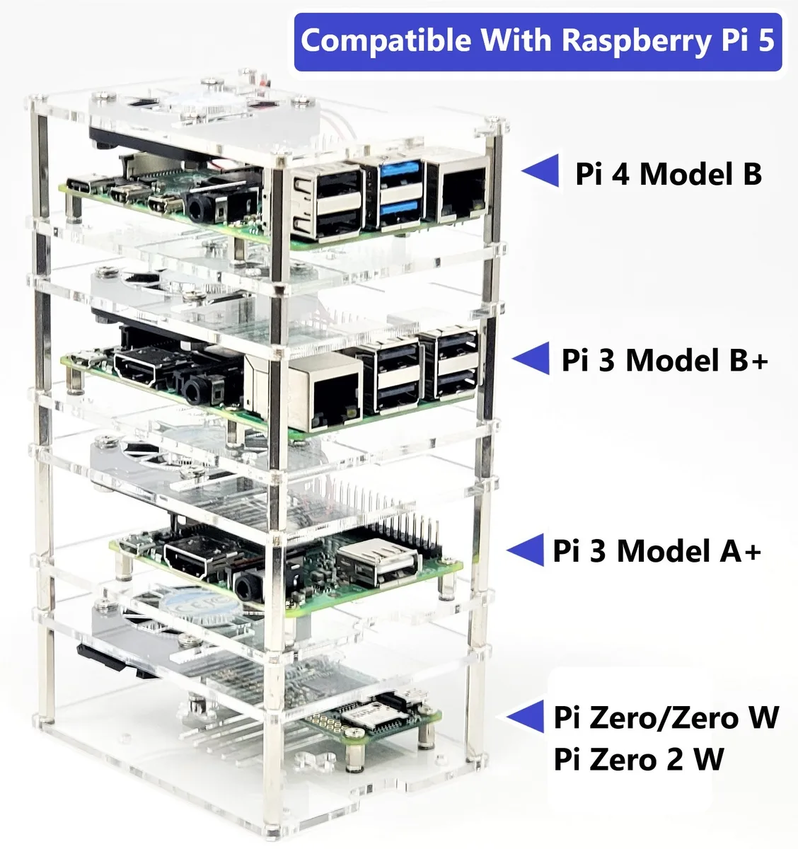 Clear acrylic four-layer stackable case with 40mm fan and heatsinks