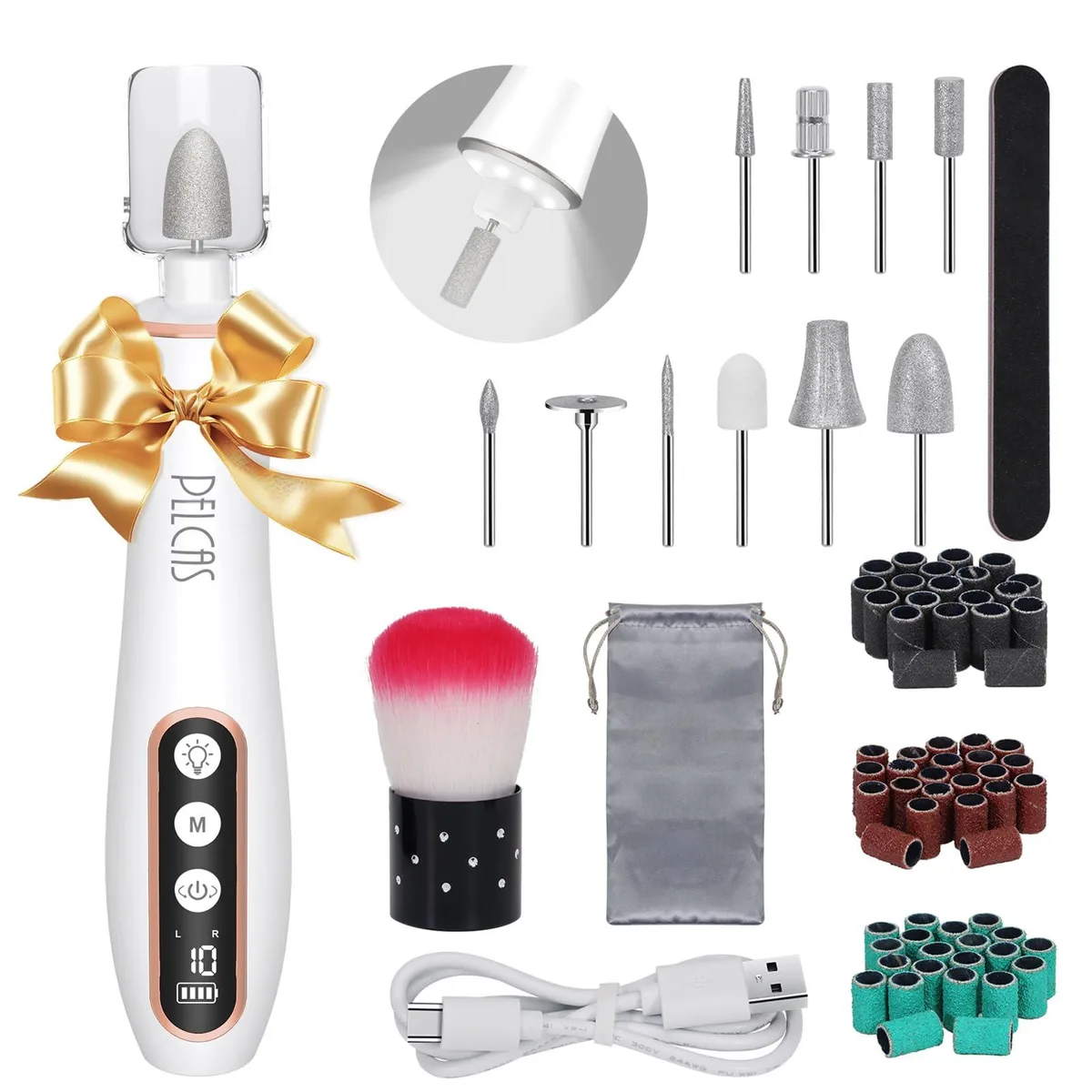  Pelican AOL04 cordless nail drill 10 speeds 3.7 V 500 RPM 25000 BPM 360° LED 75 pcs — product photo