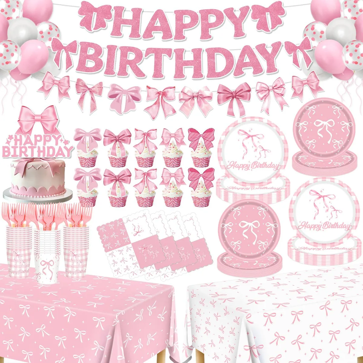  REDWORD 153Pcs Pink Bow Birthday Decoration Set — Serves 24 — product photo