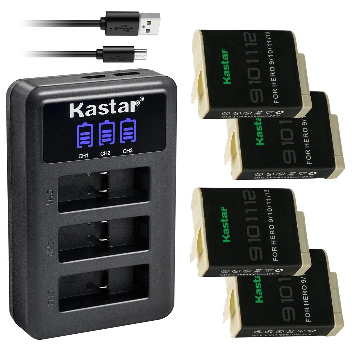 Kastar Kastar CH-LED3-4B-GOPRO12 4-pack battery and LCD triple USB charger — product photo