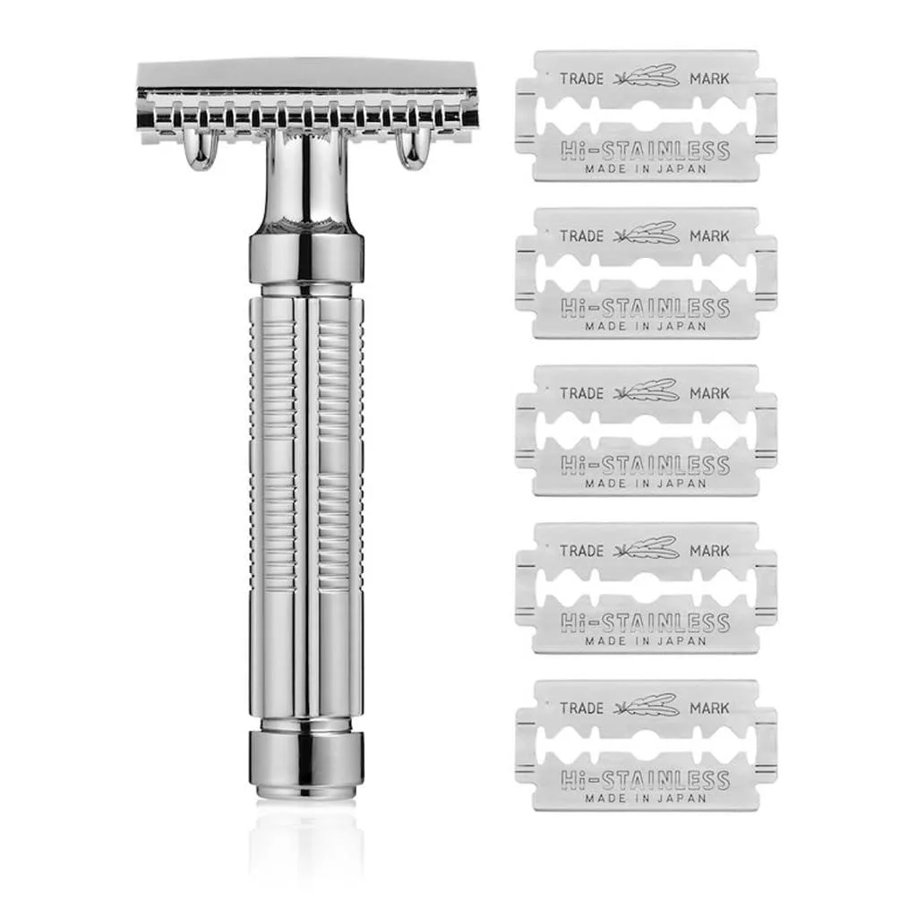 Metal open-comb safety razor with textured handle and five blades