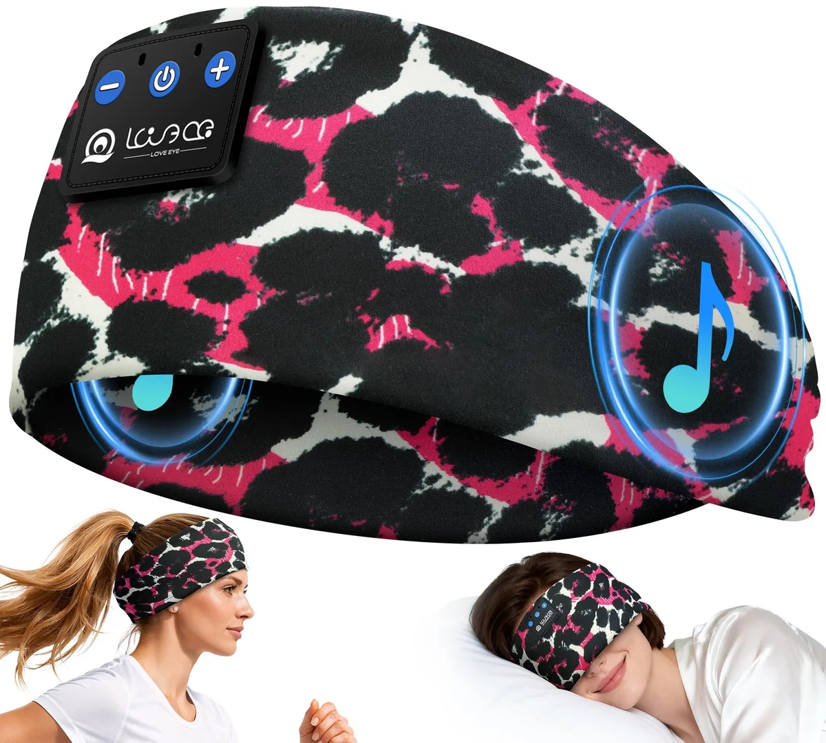 Soft black fabric headband with built-in flat speakers and control module