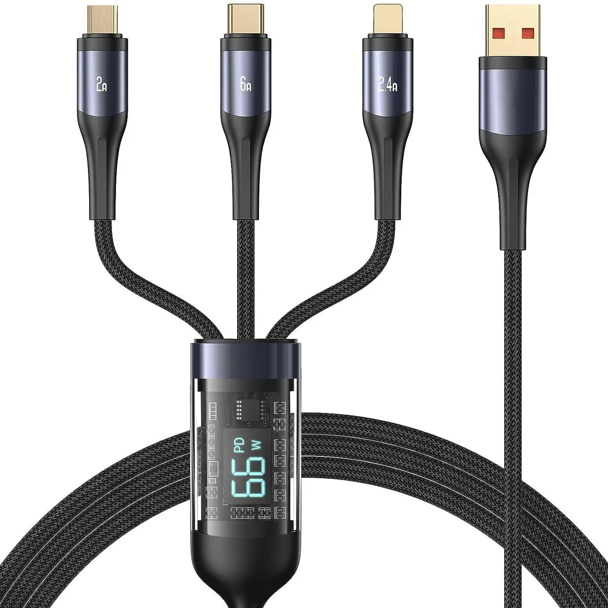 Corn Electronics Corn Electronics 3 in 1 Braided LED Display 66W Fast Charging Cable 4ft — product photo