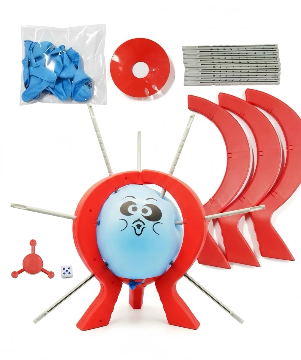 Black tabletop balloon popping game with reinforced frame and dice