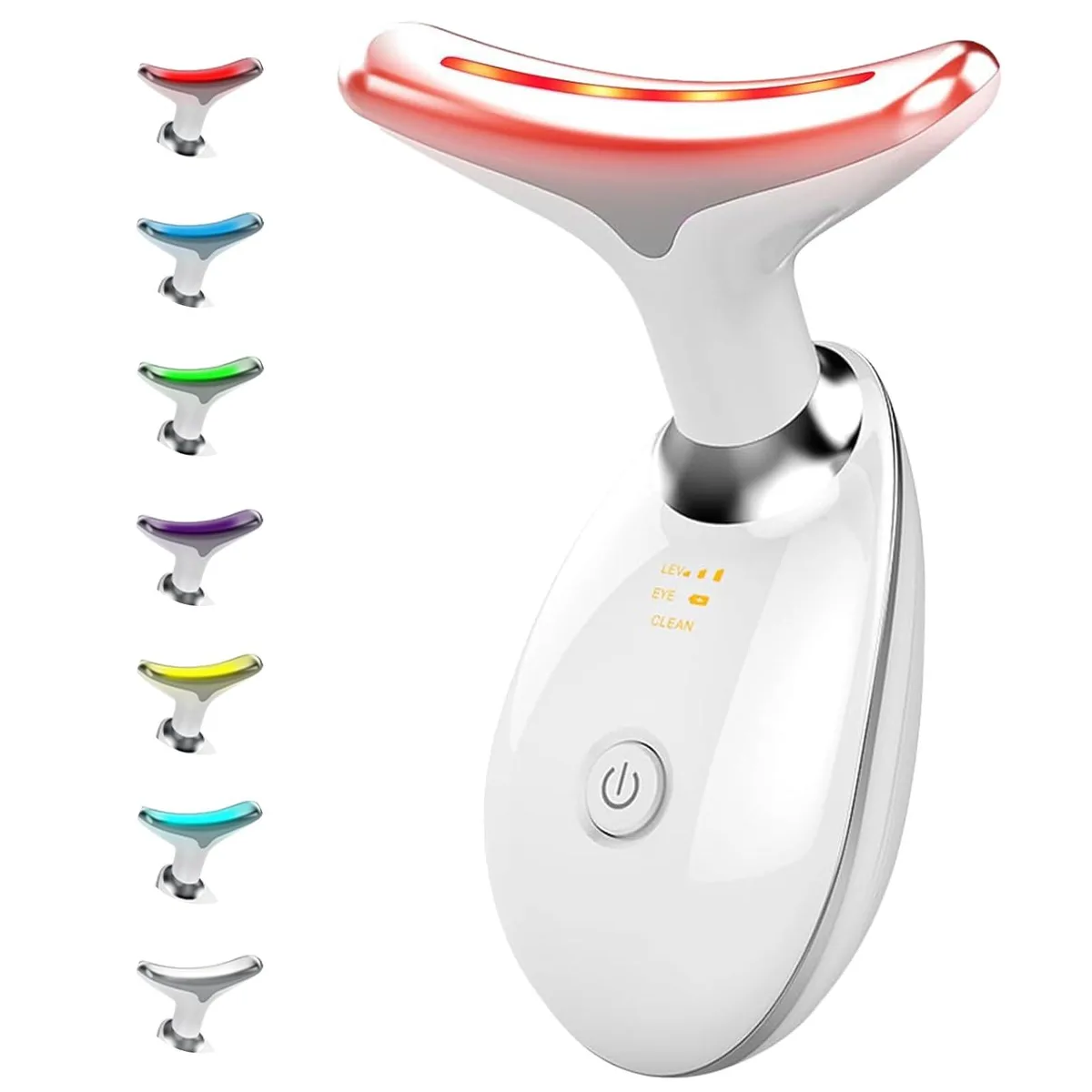 Blue handheld facial massager with curved white head and textured grip