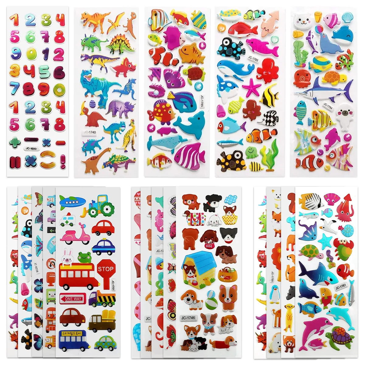 Pack of 20 sticker sheets, multi-color puffy designs, rectangular foam pieces on backing sheets