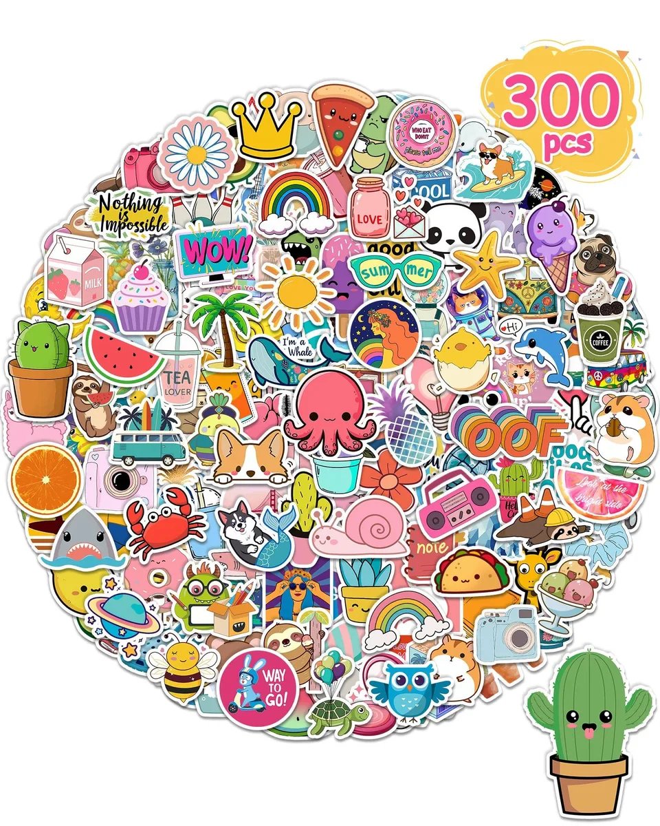 A flat rectangular sheet holding 300 small vinyl stickers in assorted colours