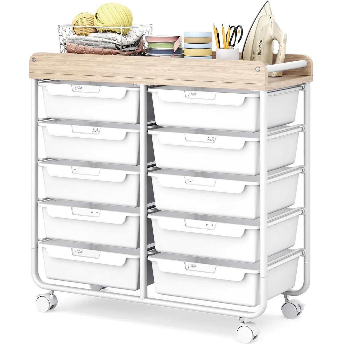 White 10-drawer rolling cart with wooden top and metal frame on four wheels