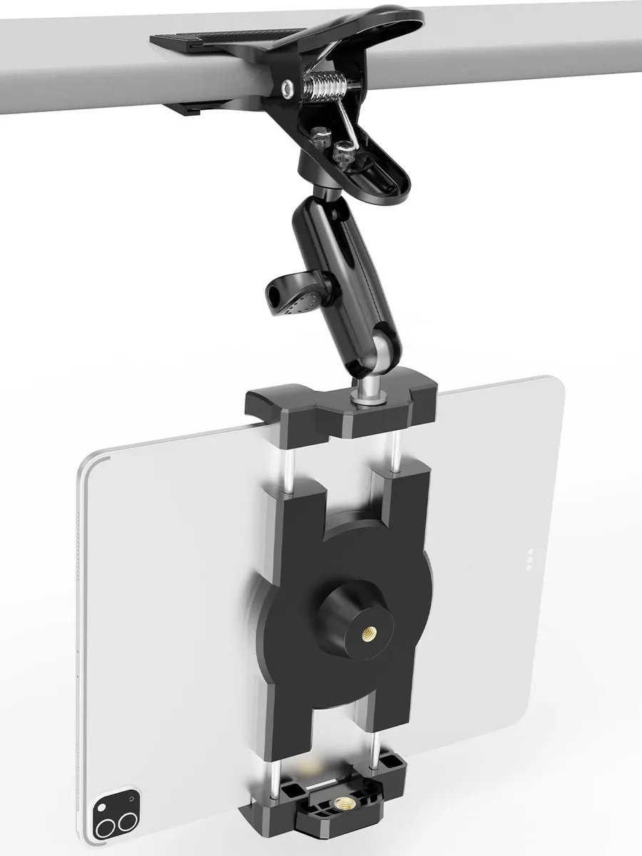 Black metal tablet holder with dual ball joints and sun visor clip