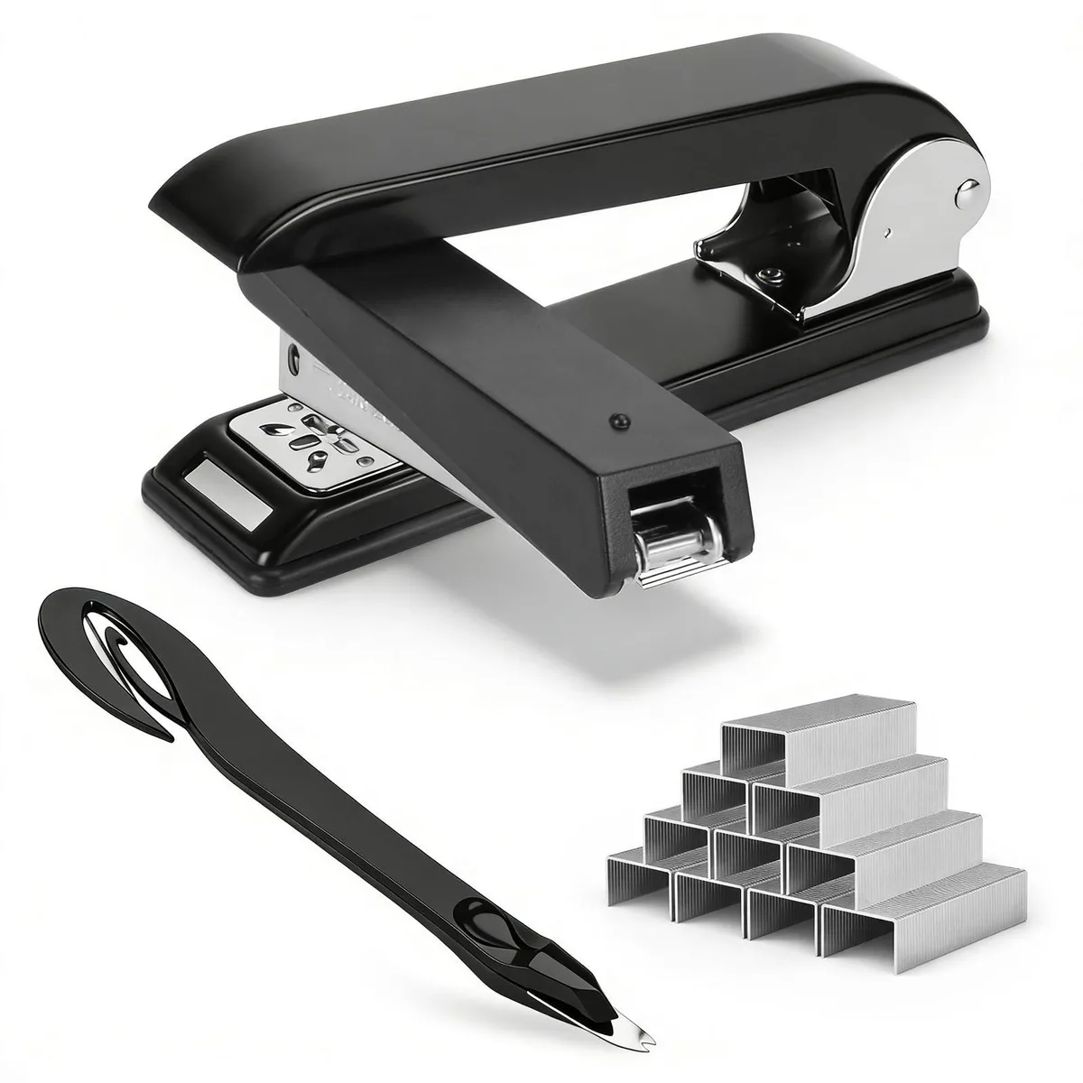 Black metal swing-arm stapler with rotatable head, includes staple remover and 3000 staples