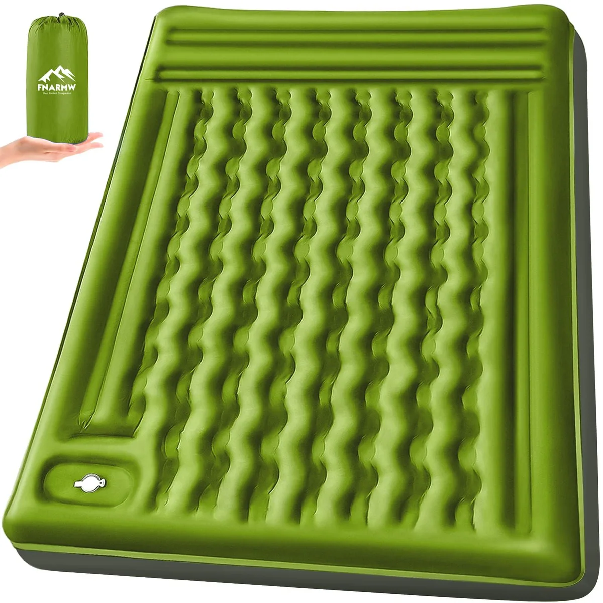 Yellow-grey rectangular self-inflating camping pad with built-in pillow and foot pump, shown inflated to six inches thick