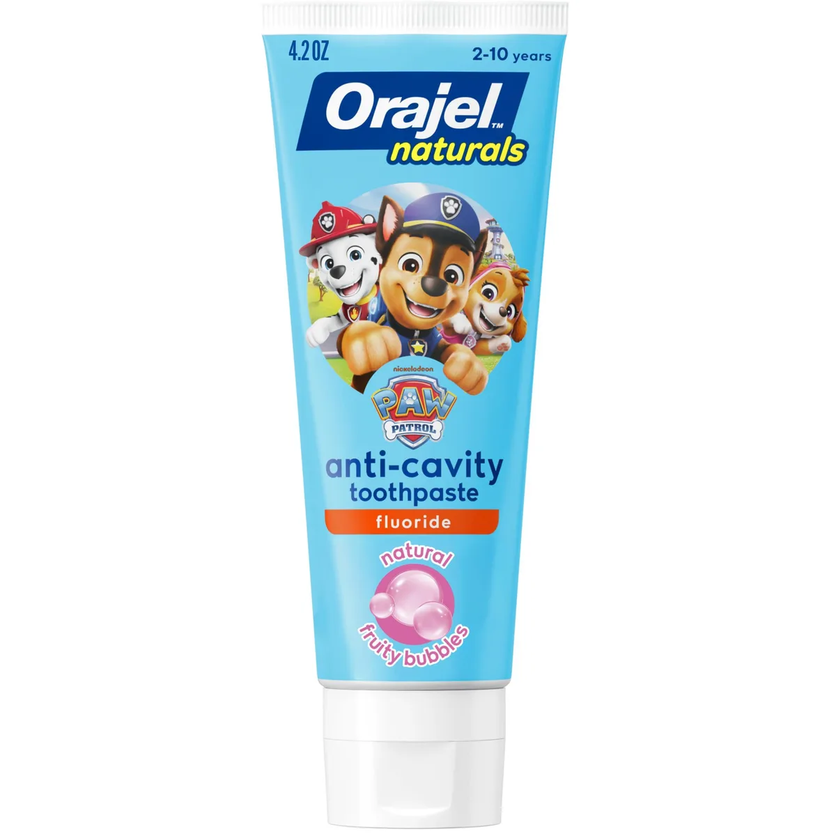 White and blue tube with Paw Patrol characters, standing upright, flip-top cap visible