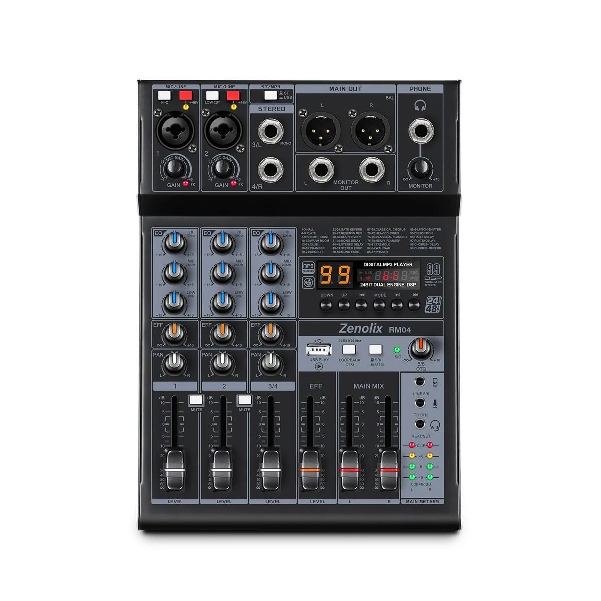 Zenolix RM04 4-Channel Mixer 24-bit 192kHz 48V Phantom 99 Effects Bluetooth USB-C — product photo