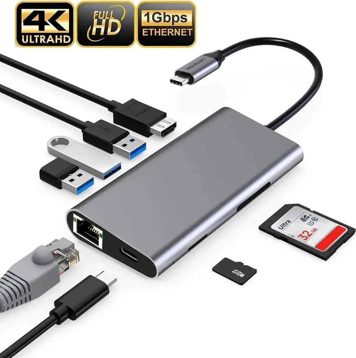 SMUGDESK SMUGDESK 8-in-1 USB-C Docking Station 4K HDMI Gigabit Ethernet 100W PD 3 USB 3.0 SD TF — product photo