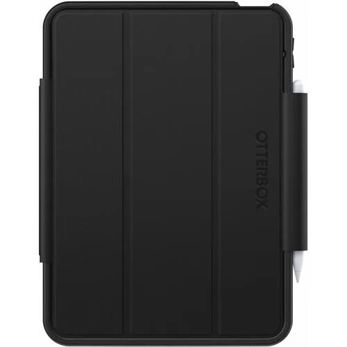 Black rugged tablet case with integrated screen cover and stand
