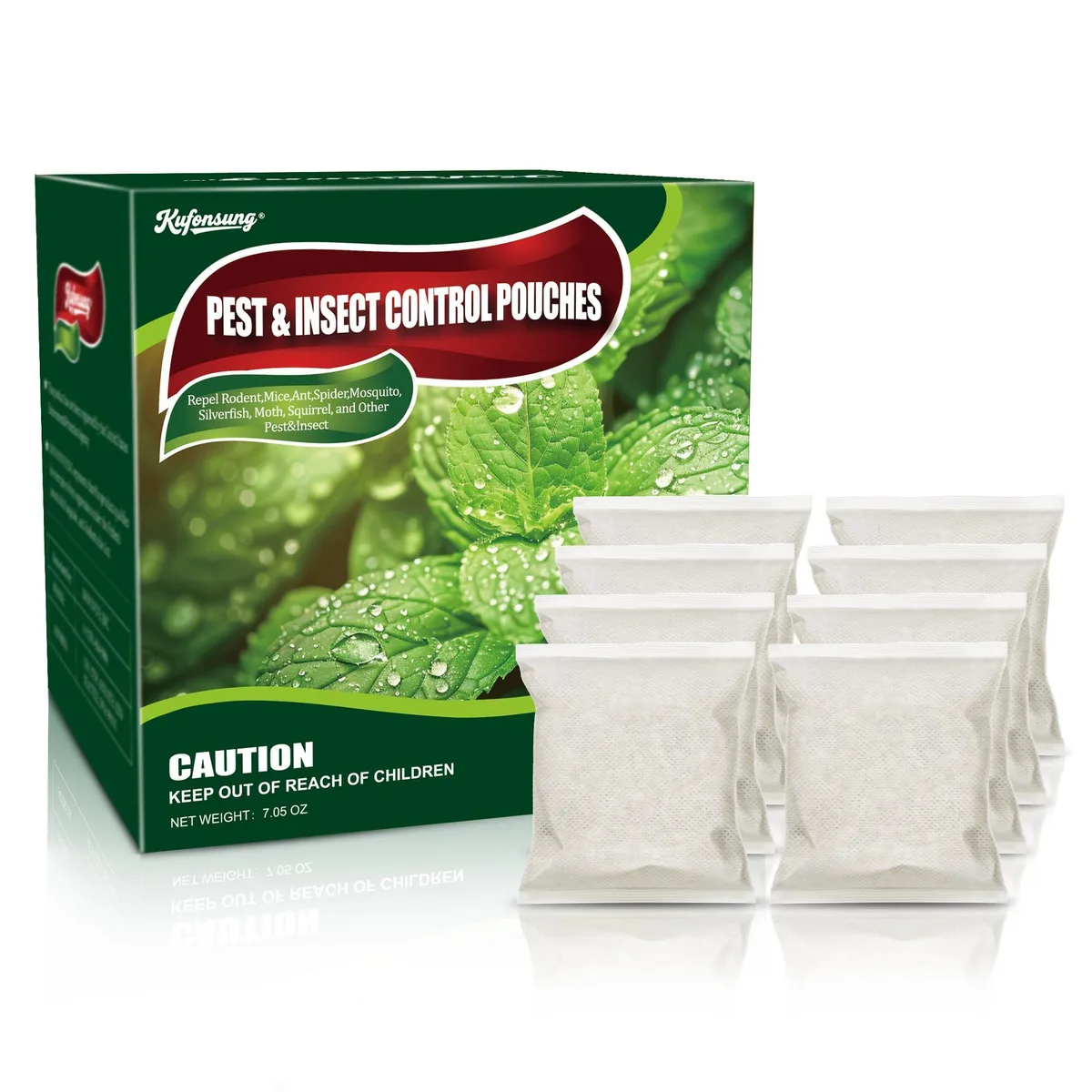 Eight small fabric pouches in a row, light mint-green colour, smooth woven texture