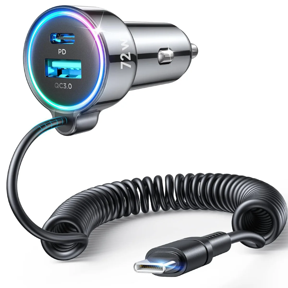 White car charger adapter with coiled USB-C cable attached