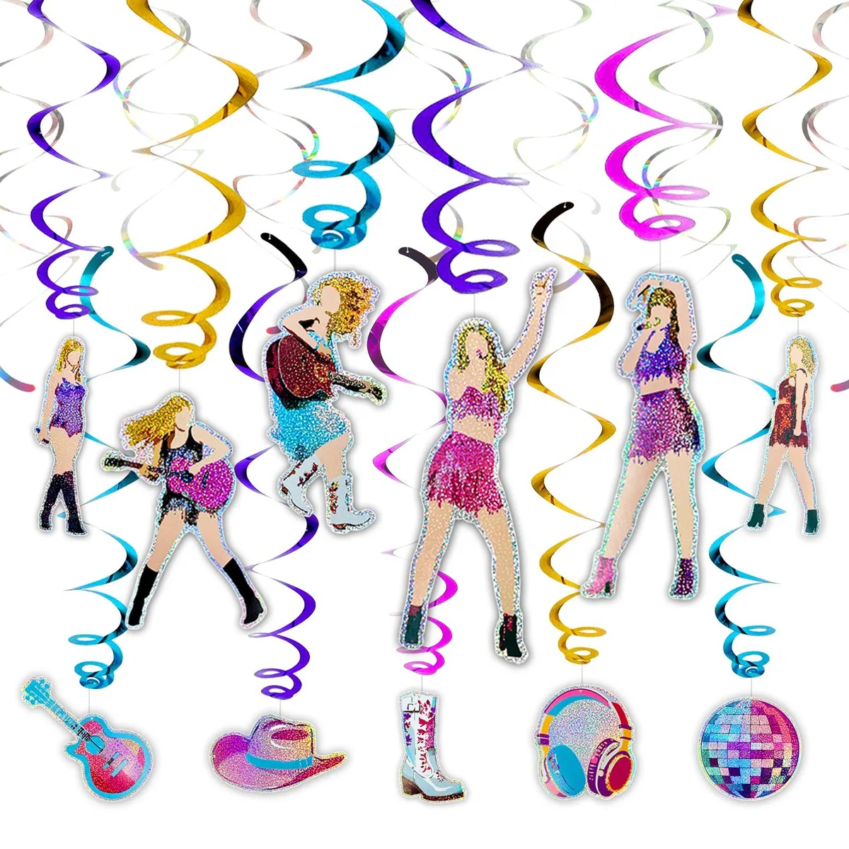  HonuGoGo 36-piece Double Swirl Hanging Decorations, 18 Foil &amp; 18 Prismatic Swirls, Blue — product photo