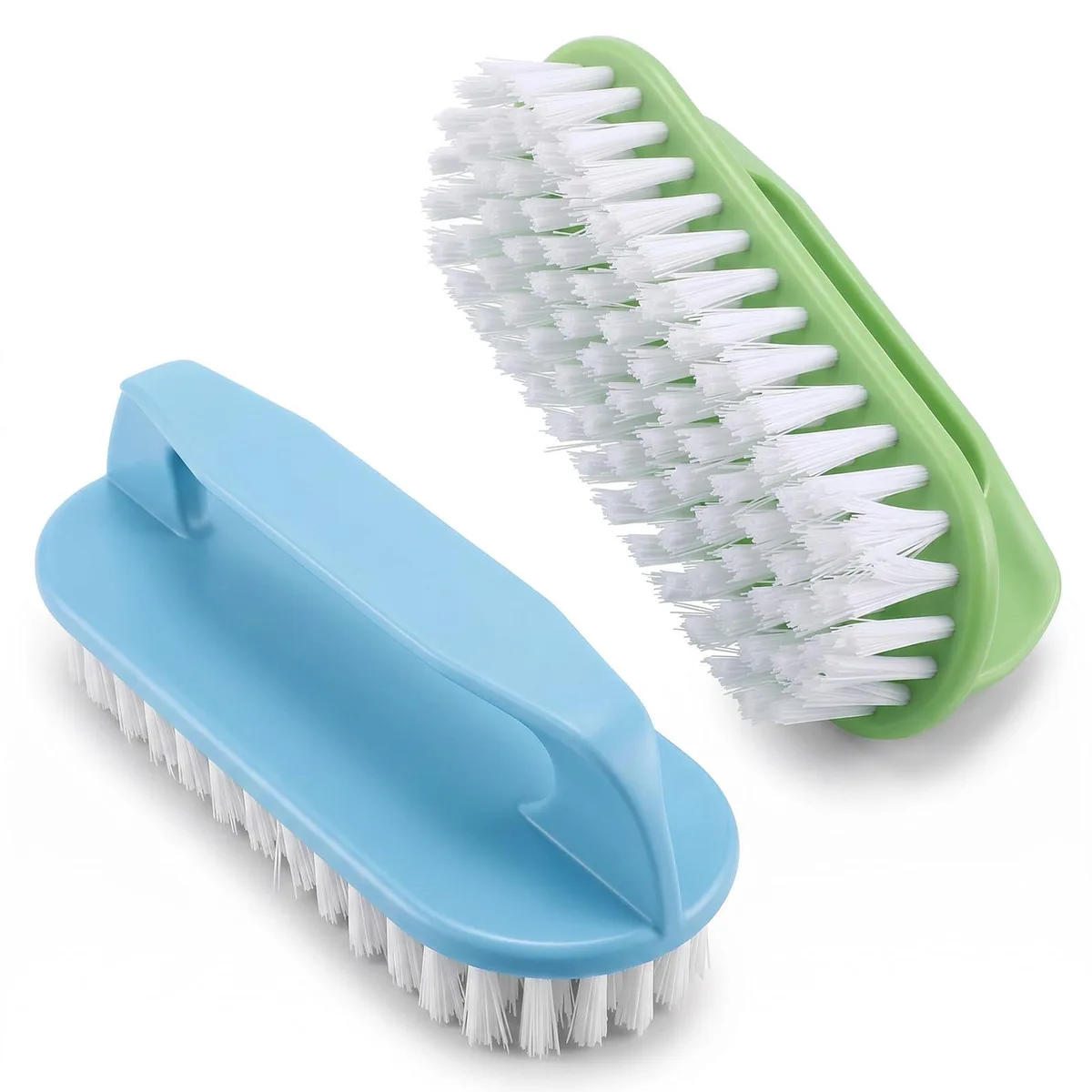 Two vegetable scrubber brushes blue green PVC handles 5.5 by 2.4 inches