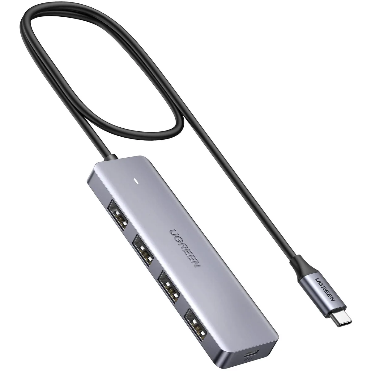 Black rectangular USB-C hub with four USB-A ports and a 2ft cable