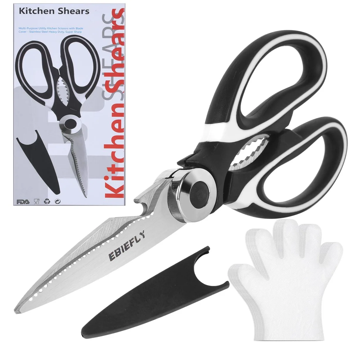 Black and silver kitchen shears with serrated blades plus one hundred disposable gloves