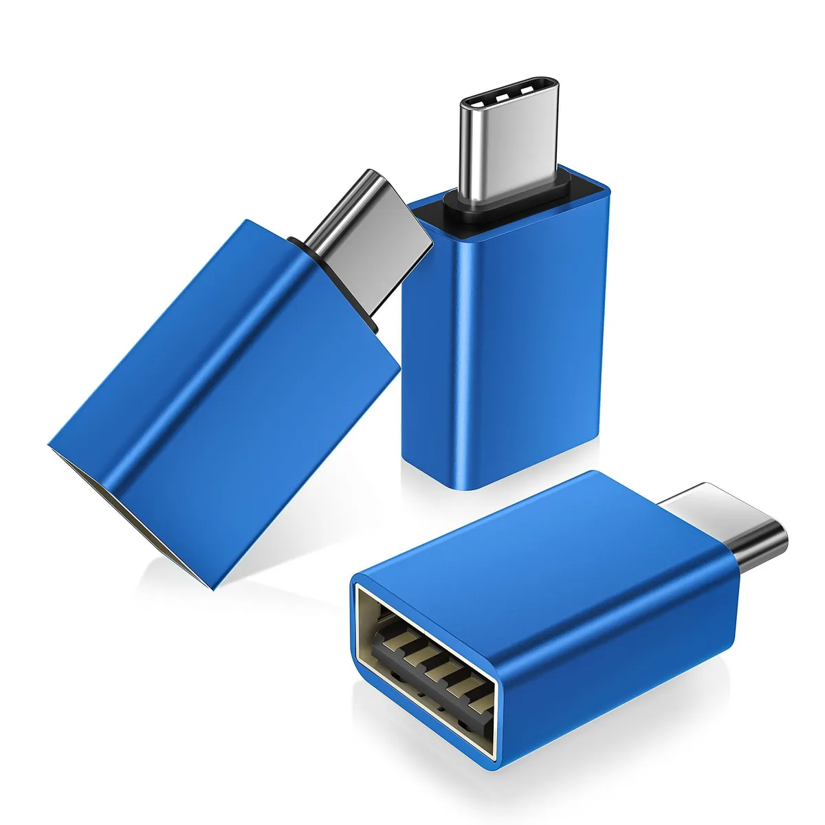 Three small blue USB-C male to USB-A female adapters side by side