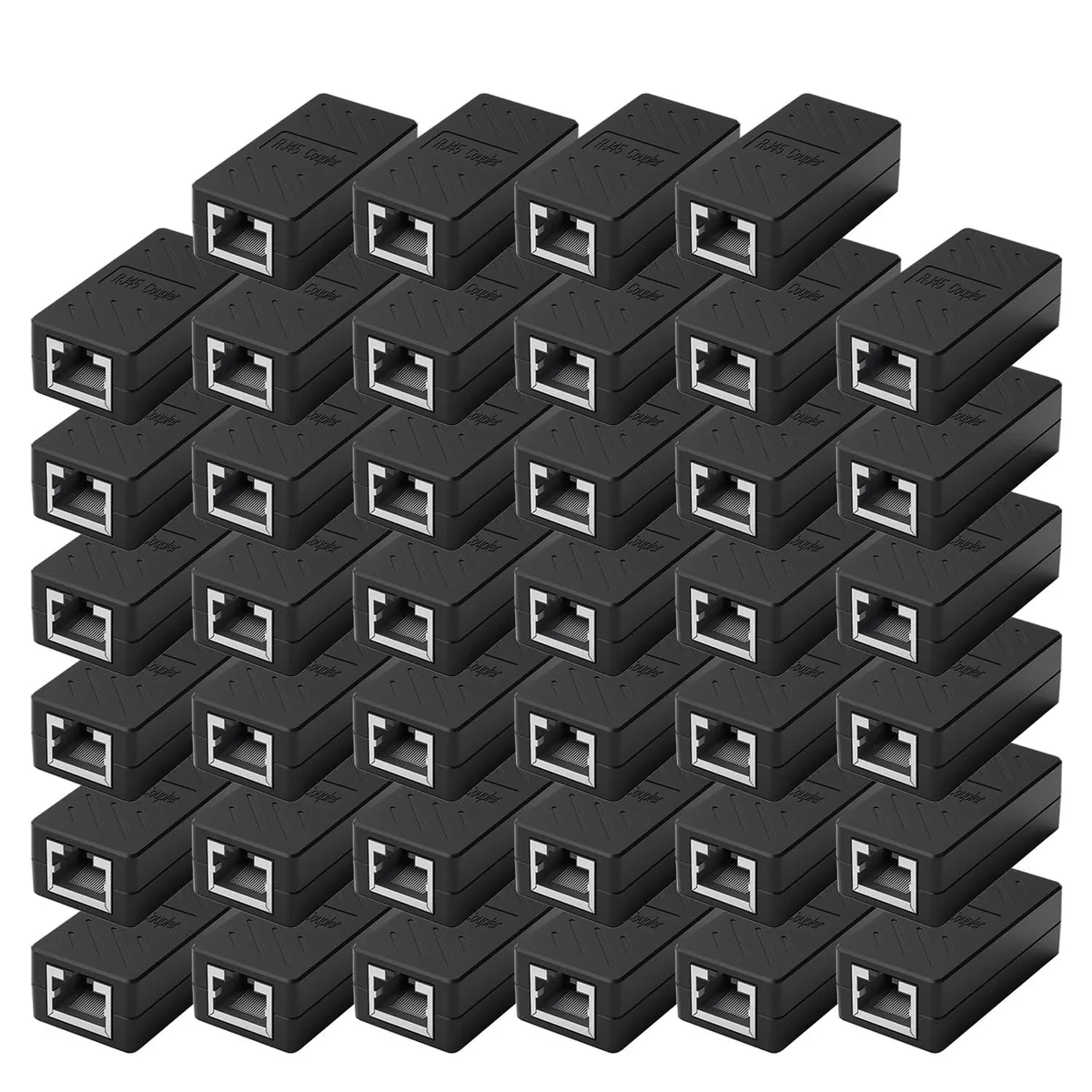 Forty black RJ45 female-to-female couplers in bulk packaging
