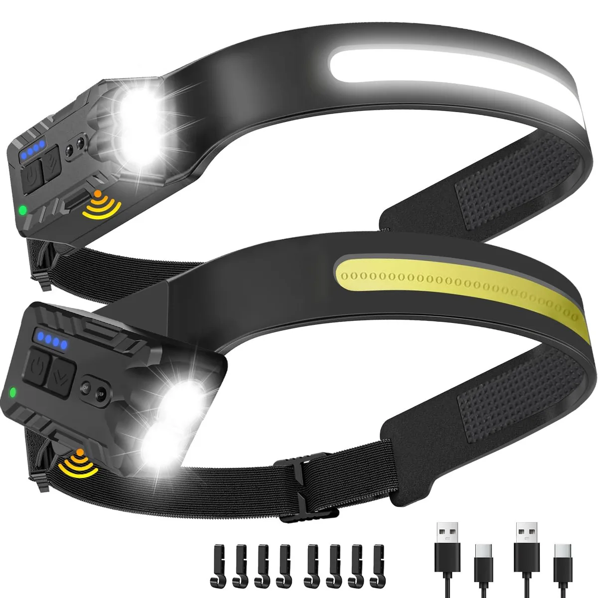 Two compact grey headlamps with side battery pods and adjustable straps