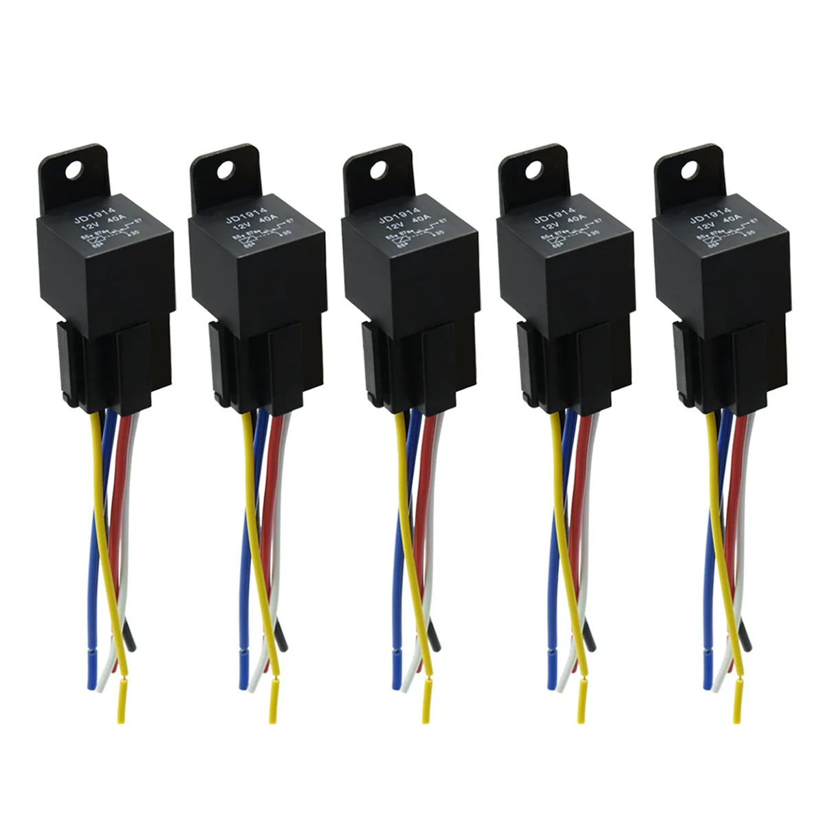 Five black 12V 40A SPDT relays with matching five-wire harness sockets