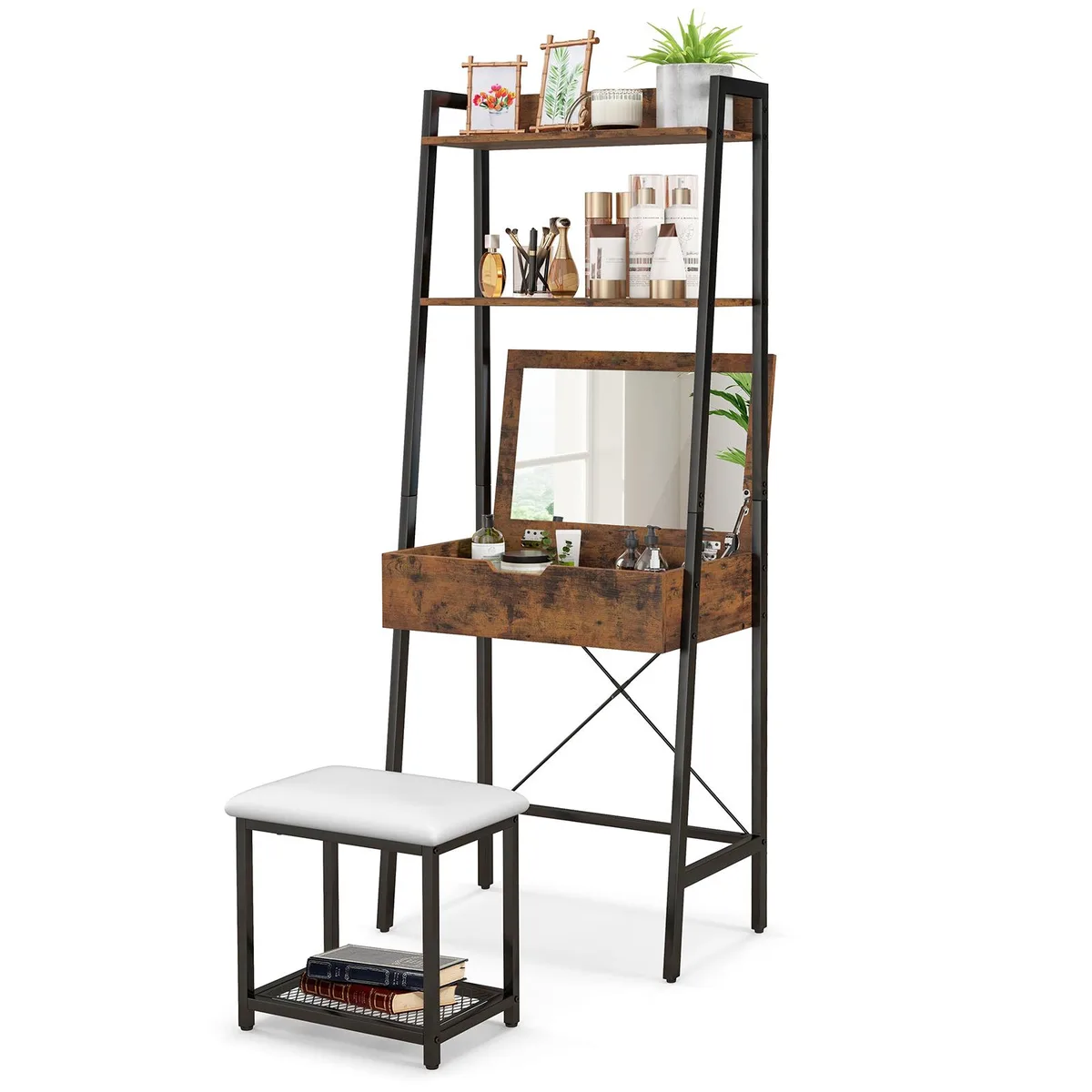 Black ladder vanity desk with flip-top mirror, storage shelves, and cushioned stool