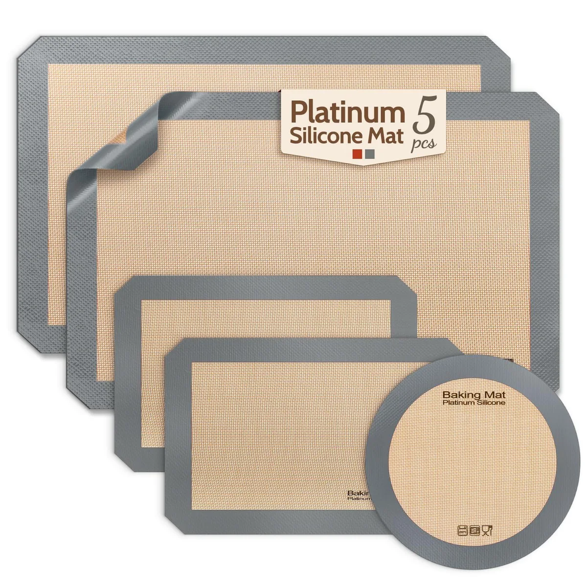 Five grey platinum silicone baking mats in half-sheet, quarter-sheet and round shapes