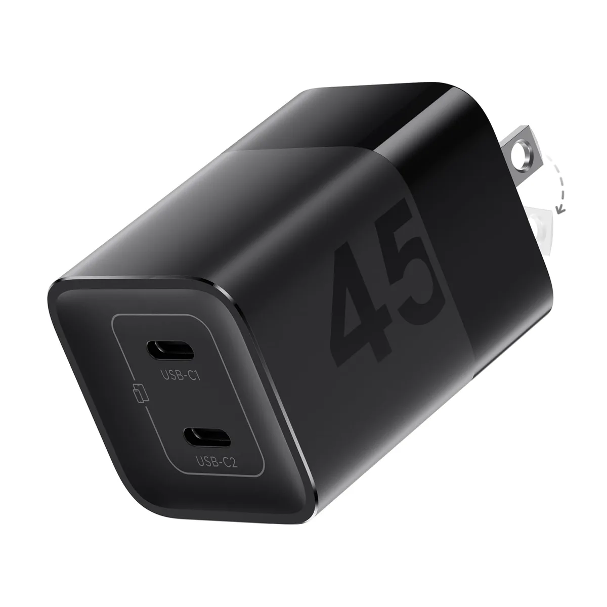 Black rectangular GaN wall charger with two USB-C ports and foldable prongs
