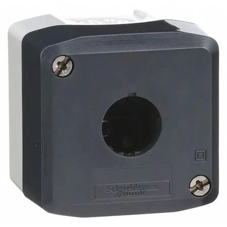 Gray polycarbonate pushbutton enclosure, 2.68 in square, 22 mm hole