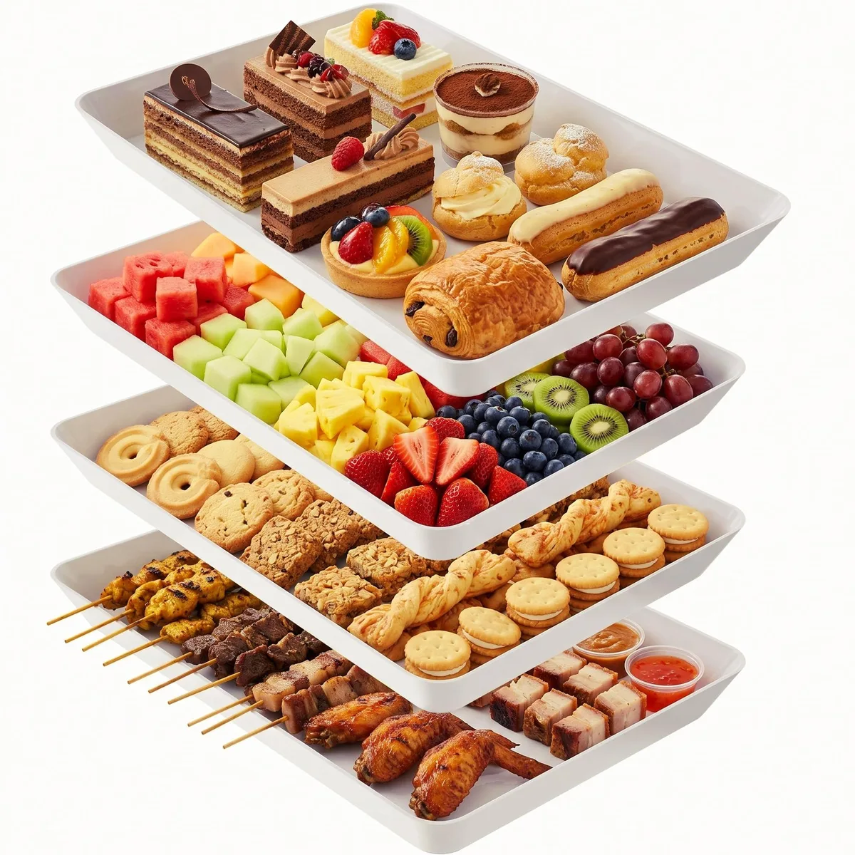 Four clear rectangular plastic serving trays, 14 by 9.2 by 1.2 inches, stacked