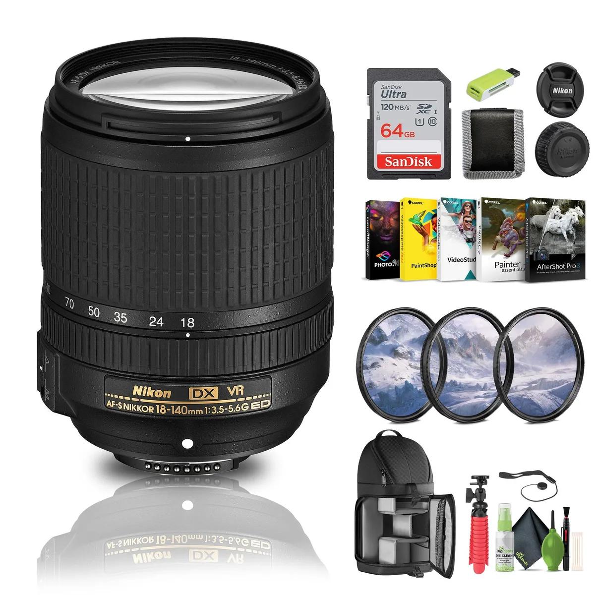 Nikon Inc Nikon AF-S DX NIKKOR 18-140mm f/3.5-5.6G ED VR Lens + 64GB Bundle — product photo