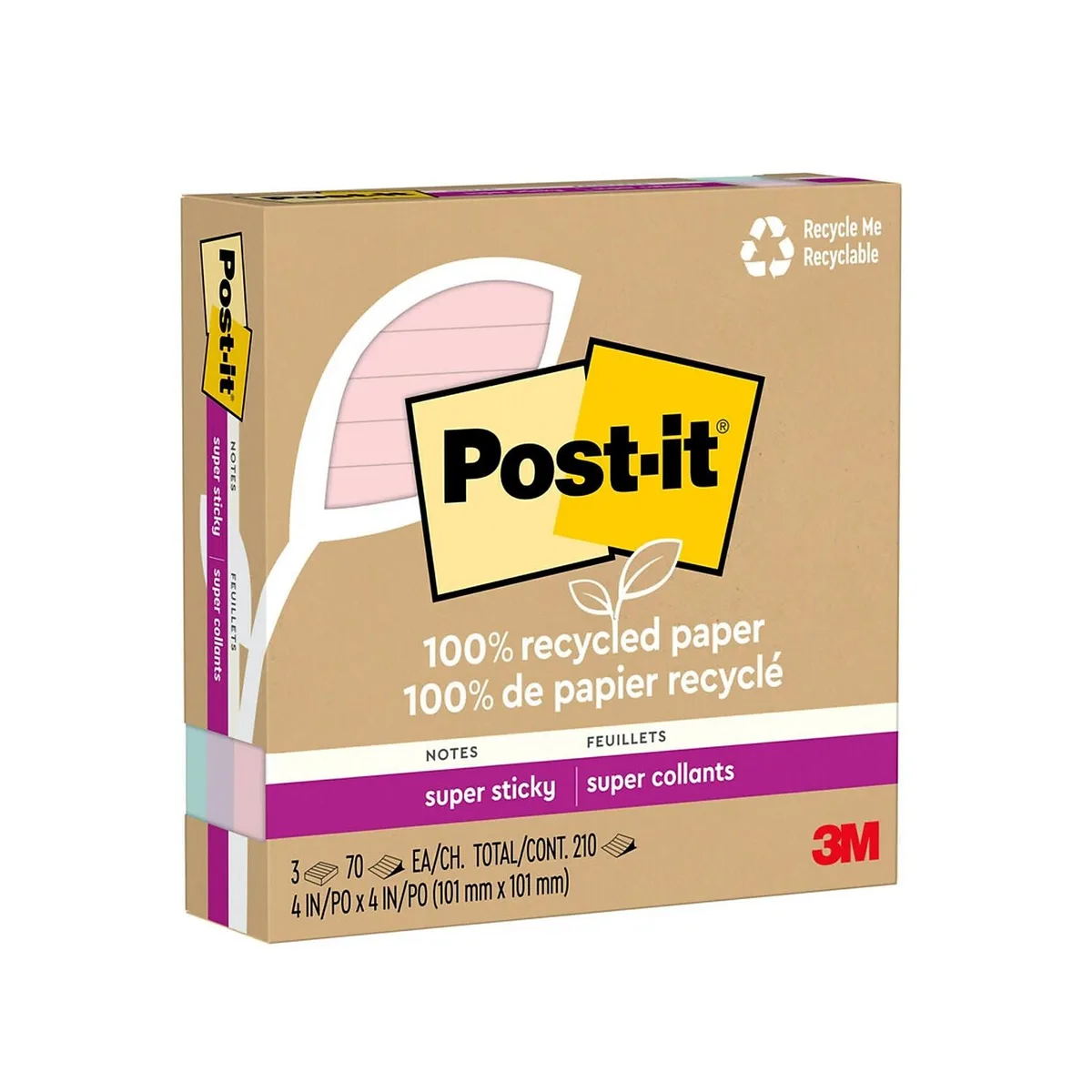 3M 3M 675R-3SSNRP sticky note 4" x 4" Wanderlust Pastels 70 sheets 3 pads — product photo