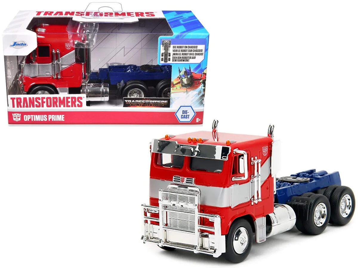 Jada Jada Optimus Prime Truck Red &amp; Blue Silver Stripes Transformers Rise of the Beasts 2023 1/32 Diecast Model Car — product photo