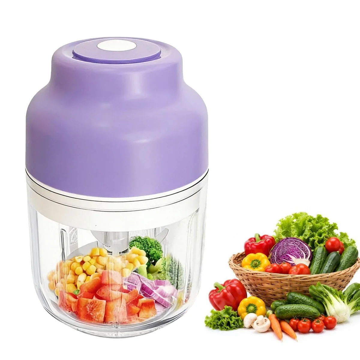 Purple compact food processor with transparent bowl and USB charging port