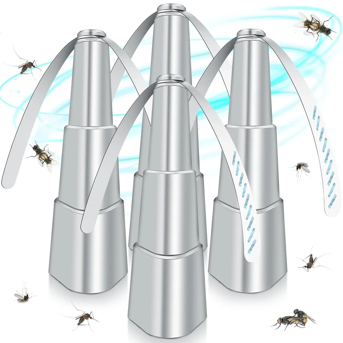 Four silver tabletop fans with holographic blades and bottom hooks
