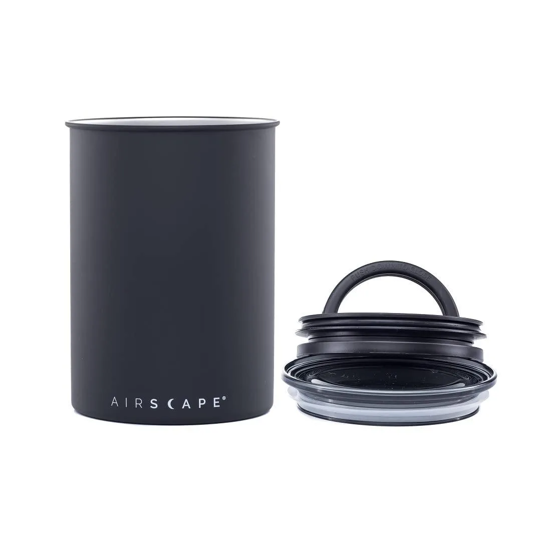 Matte black stainless steel canister with inner plunger lid, 13.3 cm square base, 12.7 cm tall