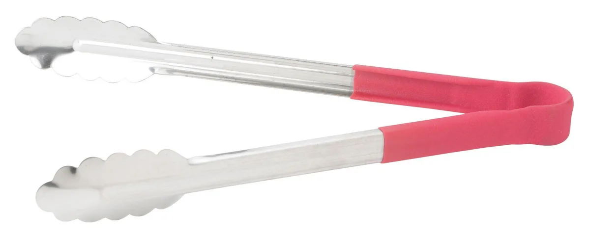 Red stainless-steel serving tongs, 12 inches, textured non-slip handle, scalloped tips