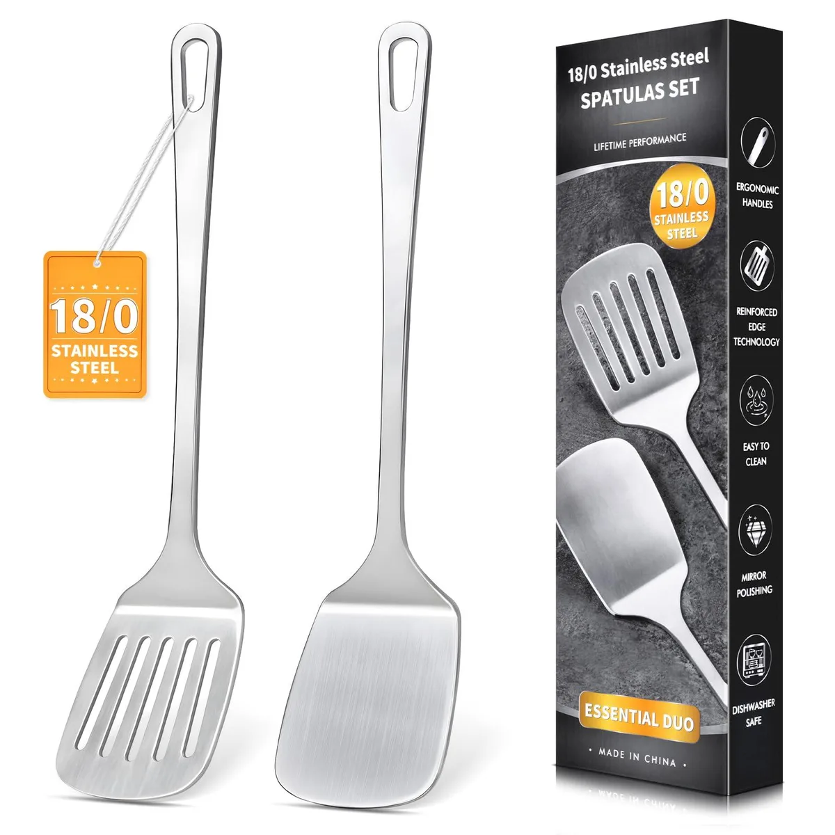 Two stainless steel spatulas, one solid one slotted, silver finish, long handles