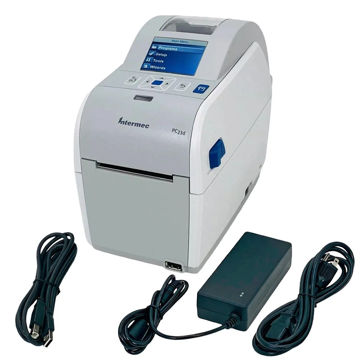 Compact desktop direct thermal barcode label printer in light grey plastic with USB port and 2.36 inch max label width