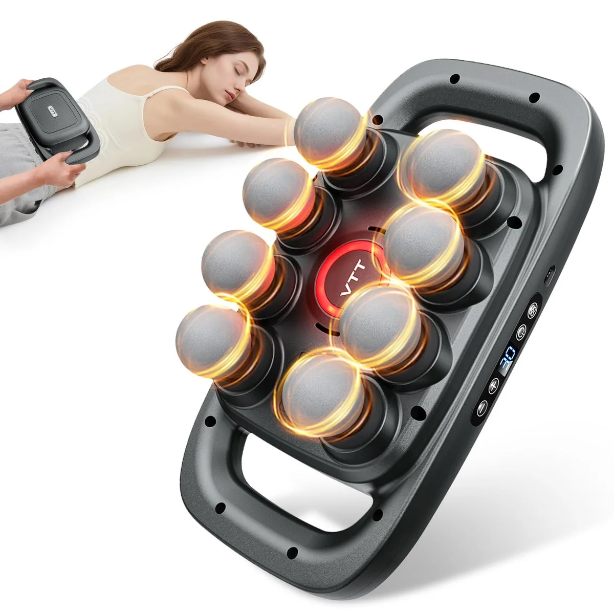 Grey handheld massage gun with eight heads, plastic body, 1.4 kg